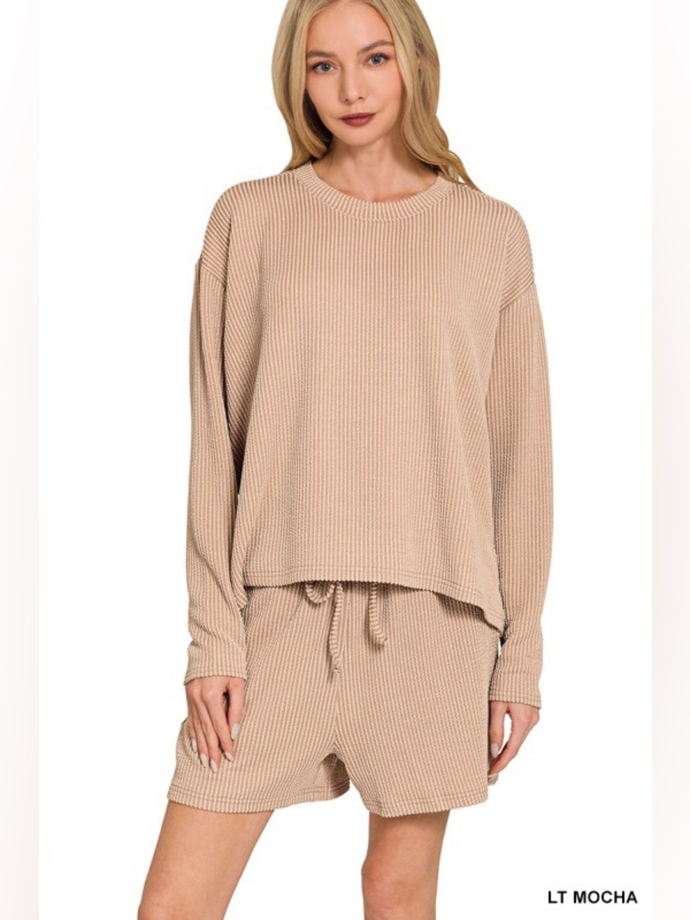 NWT Zenana 2pc Lt Mocha Raised Rib Long Sleeve Tee & Shorts
Set